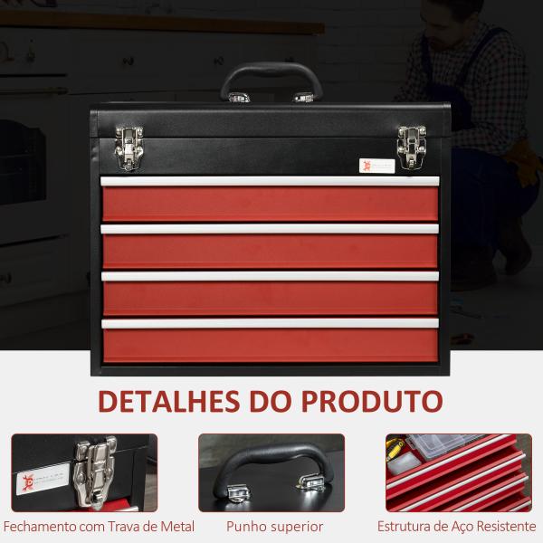 Caixa de Ferramentas de Aço com 4 Gavetas Fechaduras Metálicas Mala de Ferramentas Portátil 51x22x39,5 Preto e Vermelho