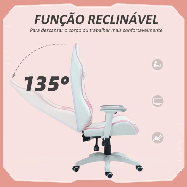 Cadeira Gaming Reclinável com Almofada Lombar Apoio de Cabeça Basculante e Altura Ajustável 67x60x120 - 128 cm Branco e Rosa