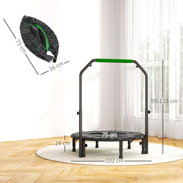 Trampolim Fitness Ø102 Trampolim Dobrável com Pega Ajustável em 4 Níveis Estrutura de Aço Verde