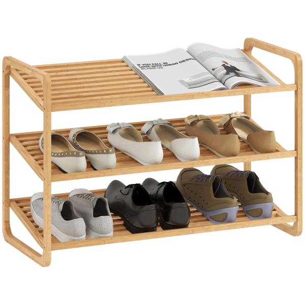 Sapateira de 3 Níveis Estante para Sapatos em Bambu para 12 Pares de Sapatos 76x33x50,8 cm Madeira