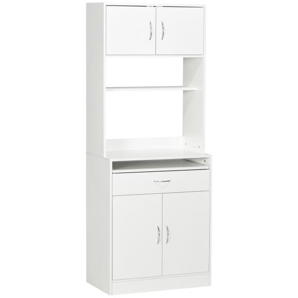 Armário de Cozinha com 4 Portas Bandeja Amovível Prateleira Ajustável Gaveta e Bancada para Micro - Ondas 70x40x180 cm Branco