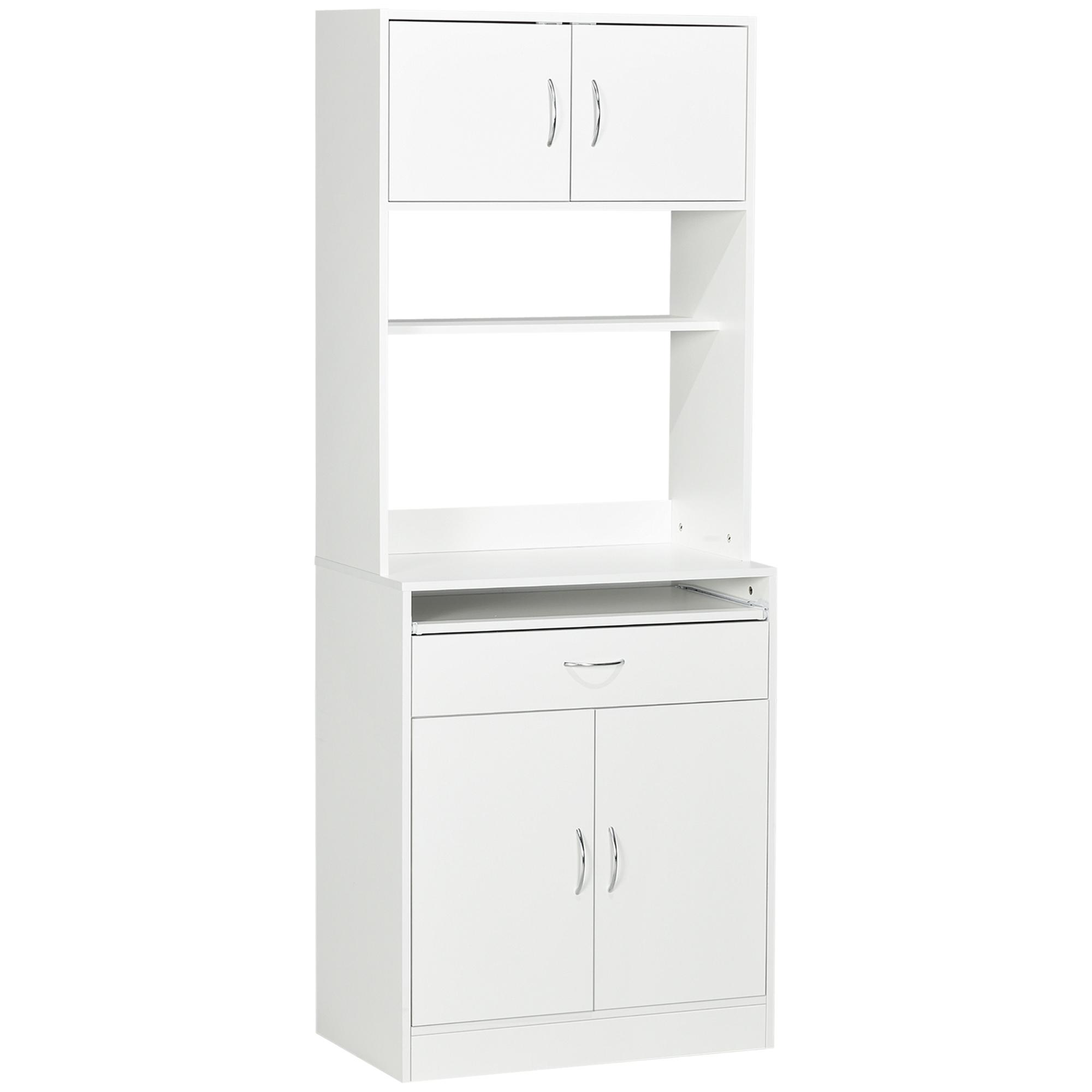 Armário de Cozinha com 4 Portas Bandeja Amovível Prateleira Ajustável Gaveta e Bancada para Micro - Ondas 70x40x180 cm Branco