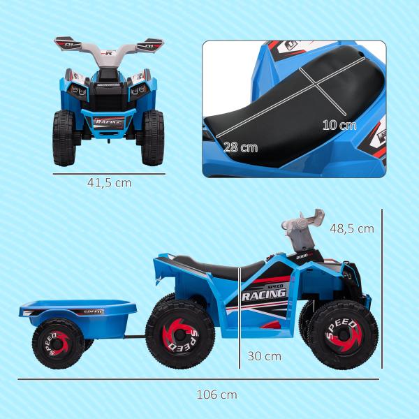 Quadriciclo Elétrico para Crianças com Reboque Bateria 6V de 18 - 36 Meses com Velocidade 2,5 km/h 106x41,5x48,5 cm Azul