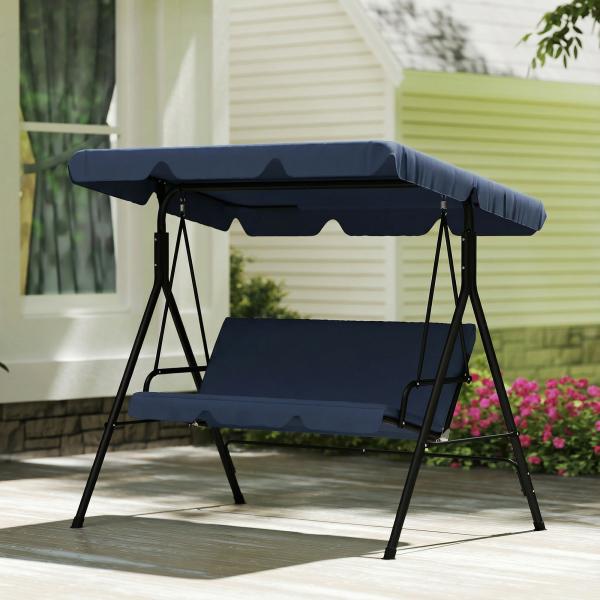 Baloiço de Jardim Exterior de 3 Lugares com Toldo Ajustável e Estrutura de Aço 172x118x153 cm Azul - Marinho