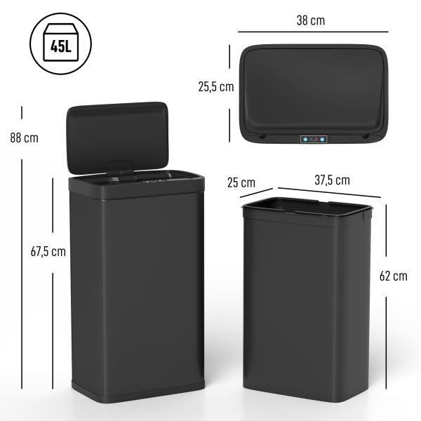 Balde do Lixo de Cozinha Automático 45 L com Sensor Infravermelho Fecho Suave 38x25,5x67,5 cm Preto