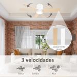 Ventoinha de Teto 48W com Luz LED Controle Remoto 3 Velocidades Temporizador 3 Lâminas de Madeira Ø112x25cm Branco