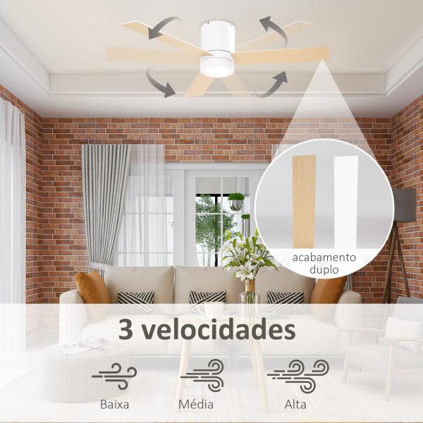 Ventoinha de Teto 48W com Luz LED Controle Remoto 3 Velocidades Temporizador 3 Lâminas de Madeira Ø112x25cm Branco
