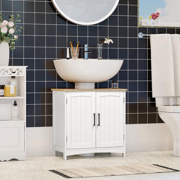 Móvel para Lavatório Pousar Armário para Casa de Banho de Madeira com 2 Portas e Prateleira Interior Ajustável 60x30x60cm Branco