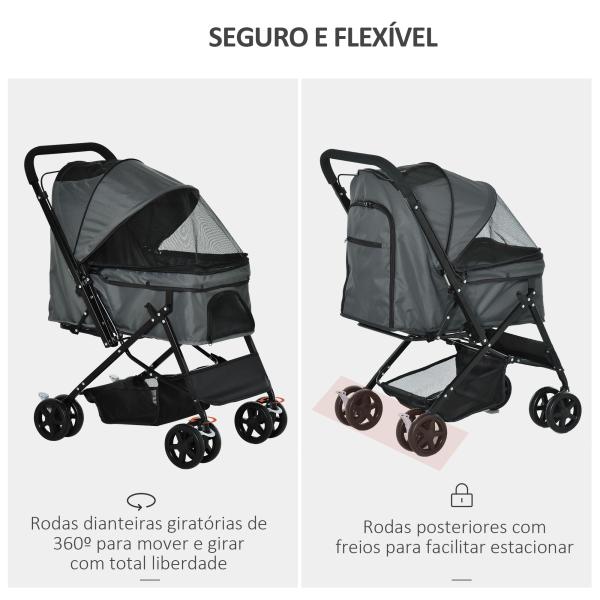 Carrinho para Animais de Estimação Dobrável Carro para Cães e Gatos com Capô Ajustável Cesta de Armazenamento Cinto de Segurança Tecido Oxford 600D Aço 76,5x52x95cm Cinza