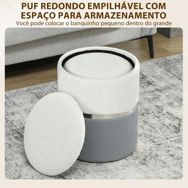 Conjunto de 2 Puffs de Arrumação Estofados em Chenille e PU Assento Acolchoado para Entrada Quarto Cinzento e Creme