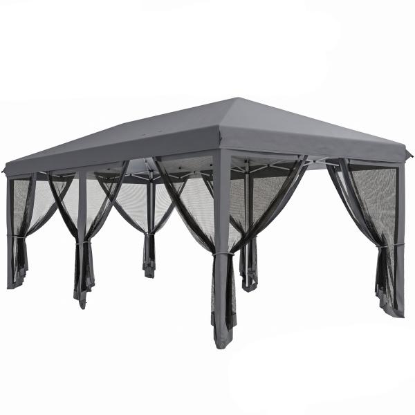 Tenda Dobrável 585x295x270 cm Tenda de Jardim com 6 Mosquiteiros Bolsa de Transporte e Estrutura de Aço Cinza