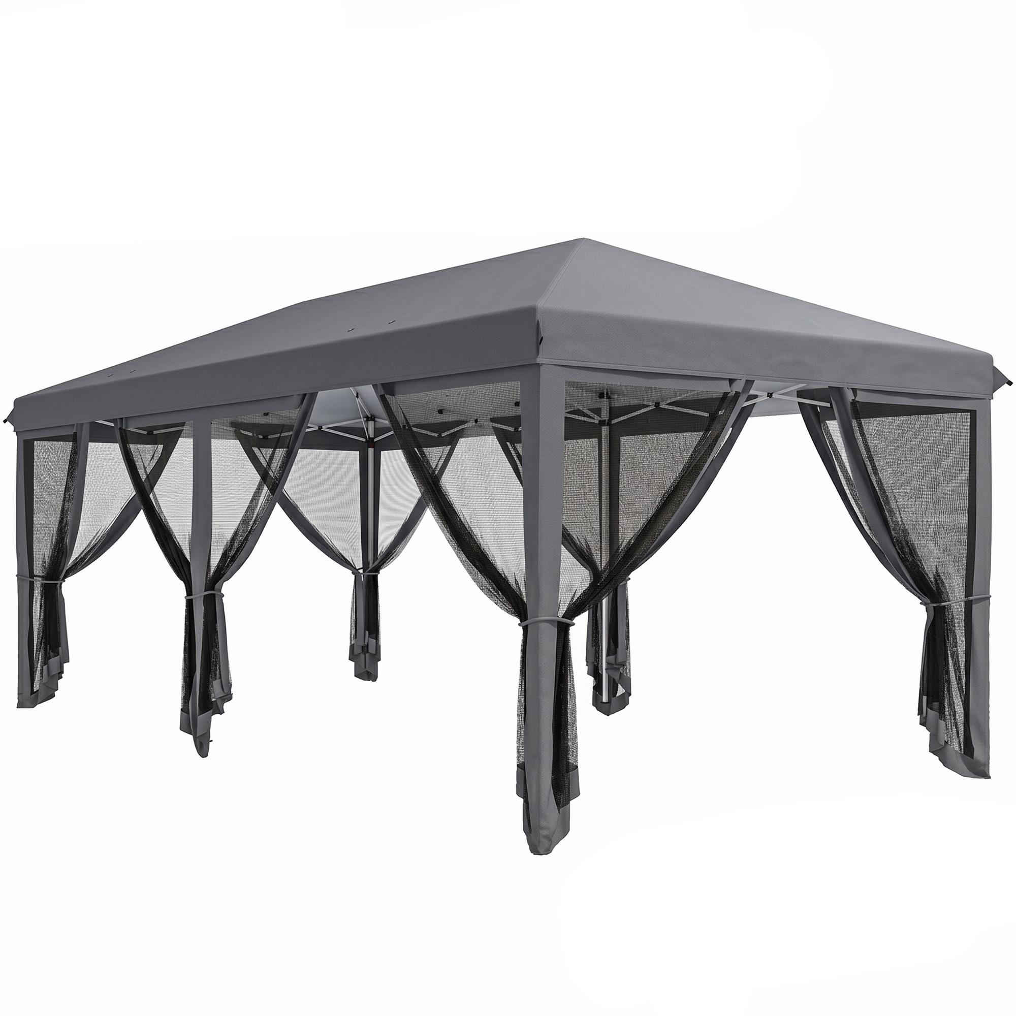 Tenda Dobrável 585x295x270 cm Tenda de Jardim com 6 Mosquiteiros Bolsa de Transporte e Estrutura de Aço Cinza