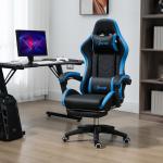 Cadeira Gaming Cadeira Gamer de Pele PU Reclinável 135° Apoio para a Cabeça e Apoio para os Pés 65x65x121 - 129 cm Preto e Azul