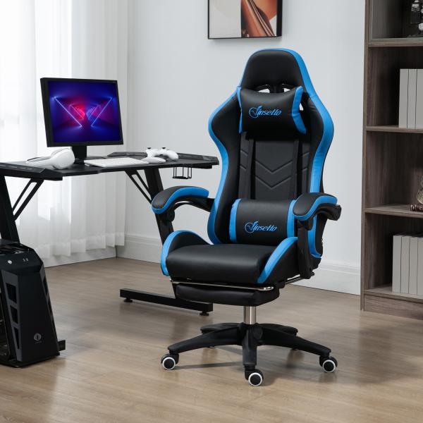 Cadeira Gaming Cadeira Gamer de Pele PU Reclinável 135° Apoio para a Cabeça e Apoio para os Pés 65x65x121 - 129 cm Preto e Azul