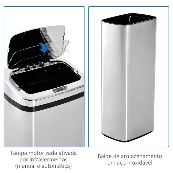 Balde de Lixo Inteligente 50L com Sensor Infravermelho Botão Tátil Balde de Lixo com Abertura Automática 33x25x84 cm Prata