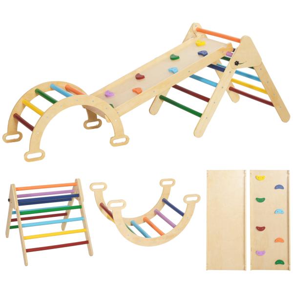 Triângulo de Escalada de Madeira 5 em 1 Escada para Crianças de 18 - 48 Meses com Rampa e Arco de Escalada 178x64,5x63 cm Multicor