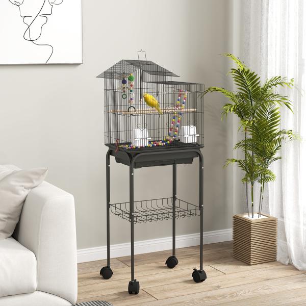 Gaiola para Passáros Gaiola de Metal com Portas 4 Comedouros 3 Poleiros Baloiço Escadas e Bandeja Removível 46x36x120 cm Preto