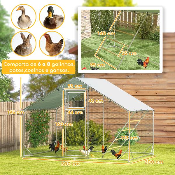 Galinheiro para Exterior 3x2 m Galinheiro de Aço Galvanizado com Comedouro Suspenso Tipo Espeto Poleiro Anti - UV Prata