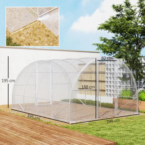 Estufa de Túnel 395x295x195 cm Estufa de Jardim com 2 Portas Estufa para Horticultura com Teto Arredondado Transparente