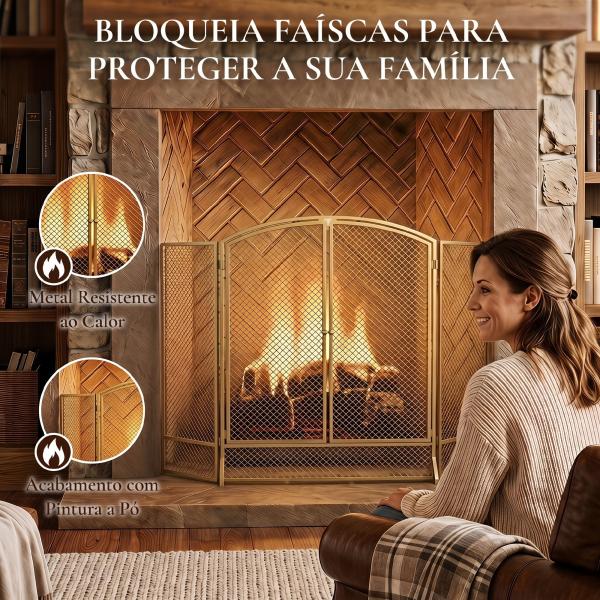 Guarda - Fagulhas para Lareira Dobrável de 3 Painéis em Metal com Porta Dupla para Casa 122x75 cm Dourado