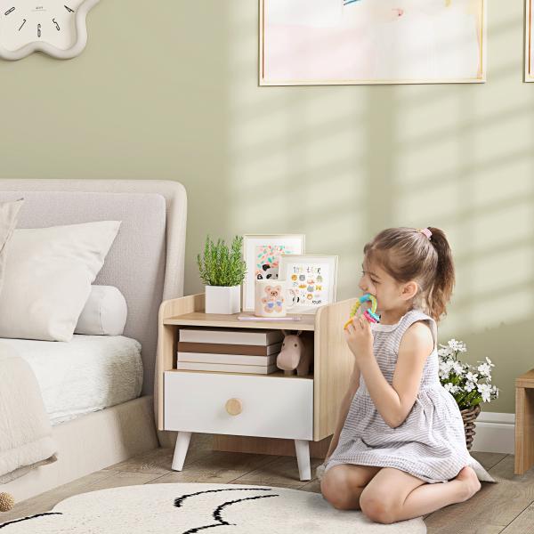 Mesa de Cabeceira Infantil de Madeira Mesa de Cabeceira para Crianças com Gaveta Bordas Redondas 40x32,5x40 cm Branco e Madeira