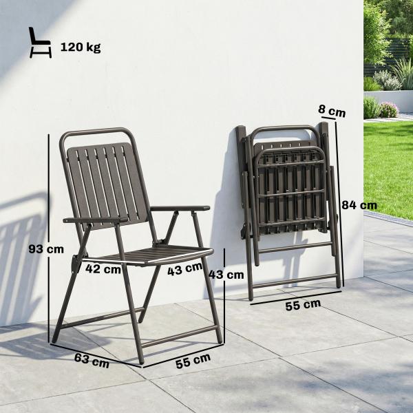 Conjunto de 4 Cadeiras Dobráveis para Jardim com Apoios de Braços Encosto e Assento Estrutura Metálica 55x63x93 cm Castanho