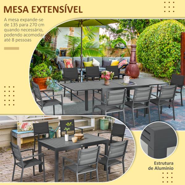 Conjunto de Jardim Refeição de 9 Peças com Mesa Extensível 8 Cadeiras Empilháveis 135 - 270x89x74cm Cinza