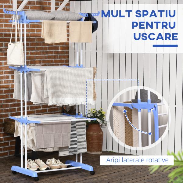 Estendal Dobrável para Roupa com Rodas Estendal Vertical de Aço com 3 Níveis Laterais Dobráveis 73x64x177cm Azul e Branco