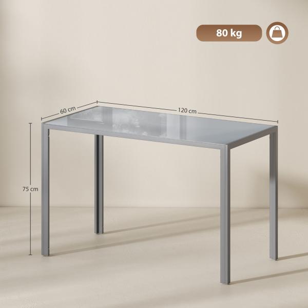 Mesa de Refeição de Cristal Mesa Retangular para 4 - 6 pessoas com Pés de Metal Multifuncional 120x60x75 cm Cinza
