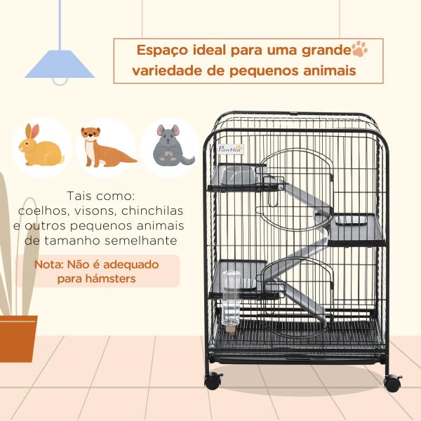 Gaiola para Roedores com Rodas 2 Portas 3 Plataformas Bandeja Amovível Comedouro e Bebedouro 61,5x44x95cm Preto