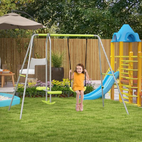 Baloiço para Crianças Baloiço Jardim com 1 Baloiço Simples 1 Planador e Anti - UV 255x160x180 cm Cinza e Verde