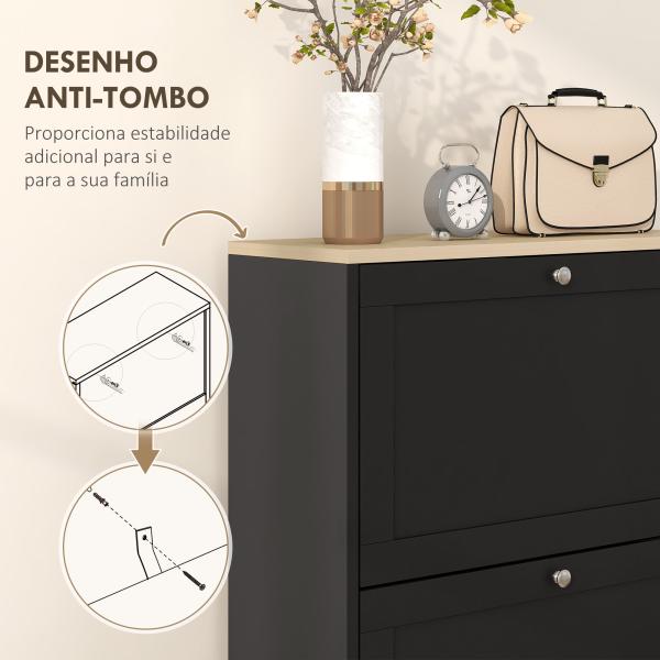Móvel Sapateira de Entrada com 3 Gavetas Basculantes e Prateleiras Ajustáveis para 18 Pares de Sapatos 60x23,5x115 cm Preto