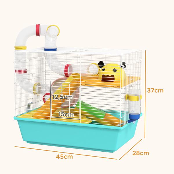 Gaiola para Hamsters com Túnel Plataformas Comedouro Bebedouro Casinha Rampas e Roda de Exercício 45x28x37 cm Azul Claro