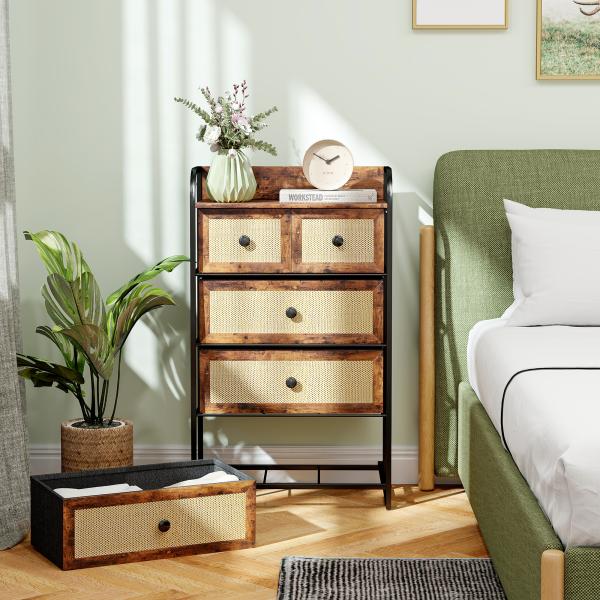 Cómoda de Tecido Cómoda para Dormitório com 5 Gavetas com Frente em Vime e Prateleira 58x29x99 cm Marrom Rústico