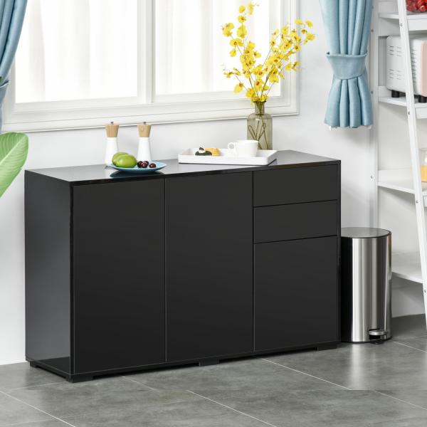 Aparador de Sala de Estar com 3 Portas 2 Gavetas e Prateleira Interior Ajustável Móvel Auxiliar de Armazenamento para Cozinha Dormitório Anti - Rolamento 117x36x74 cm Preto
