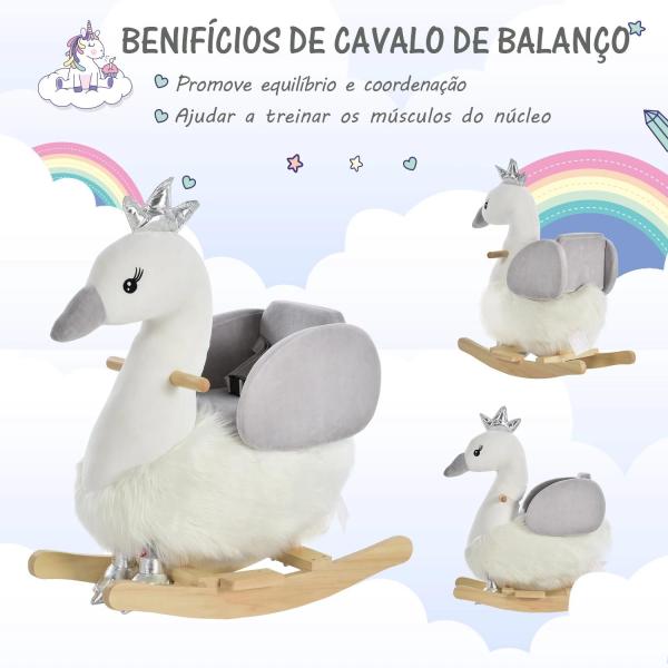 Cavalo Baloiço para Bebés com Forma de Cisnei com Sons Apoio para os Pés e Cinto de Segurança 60x33x59 cm Branco e Cinza