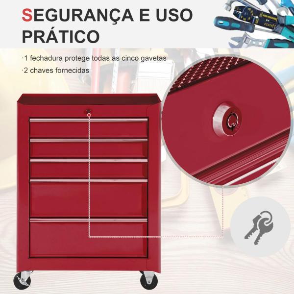 Carrinho de Ferramentas para Oficina com Rodas e 5 Gavetas Fechadura e Alça Lateral 61,5x33x85 cm Vermelho