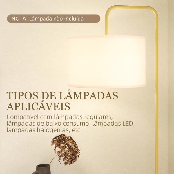 Candeeiro de Pé Moderno Lâmpada E27 Máx. 40W com Ecrã de Linho e Interruptor de Pé 64x38x163,5 cm Branco e Dourado
