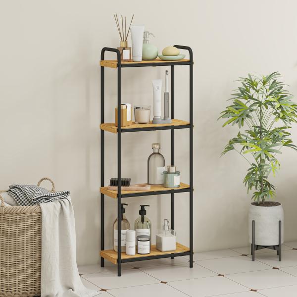 Estante de Casa de Banho de Bambu de 3 Níveis Estante de Armazenamento com 3 Prateleiras Ripas e Estrutura de Aço 41,5x21,5x106 cm Madeira e Preto