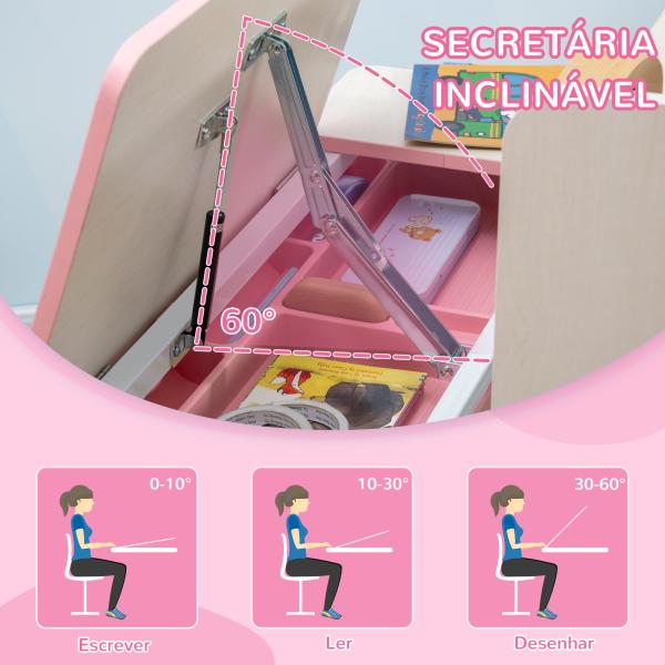 Conjunto de Secretária e Cadeira para Crianças com Altura Ajustável e Bancada Inclinável 80x52x88x109cm e 35,5x44,5x66 - 80cm Rosa