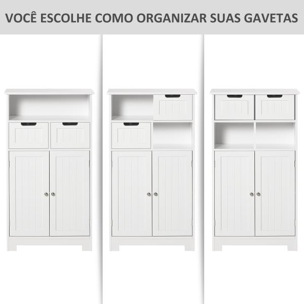 Kleanklin Armário de Casa de Banho com 2 Portas Prateleira Ajustável 2 Gavetas e Compartimento Aberto Móvel Auxiliar de Armazenamento para Sala de Estar Cozinha 60x30x108,8cm Branco