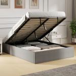 Cama de Casal 140x190 cm com Arrumação Elevatória, Estrutura com Estrado Estofada em Linho Cinzento