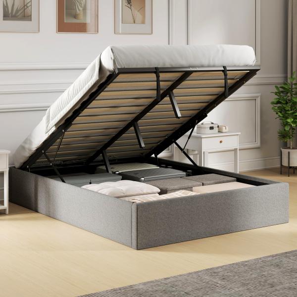 Cama de Casal 140x190 cm com Arrumação Elevatória, Estrutura com Estrado Estofada em Linho Cinzento