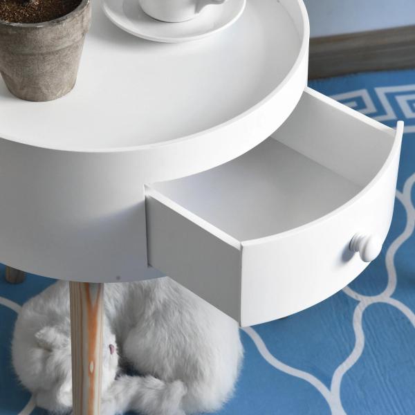 Mesa Apoio Redonda com 1 Gaveta Borda Elevada e 3 Pés de Madeira Estilo Moderno Ø38x45 cm Branco