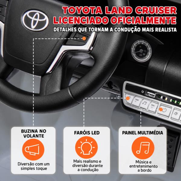 Carro Elétrico para Crianças Toyota Land Cruiser 12V com Faróis Buzina Arranque Lento e Música MP3 107x65x55,5 cm Cinza