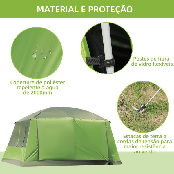 Tenda de Campismo Familiar para 4 Pessoas Tenda de Campismo Portátil Impermeável com Bolsa de Transporte Rede Mosquiteira e Proteção Solar 410x - 310x225cm Verde