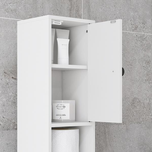 Coluna Casa de Banho Moderna com 1 Gaveta 5 Prateleiras Ajustáveis e 2 Armários 20x20x180 cm Branco
