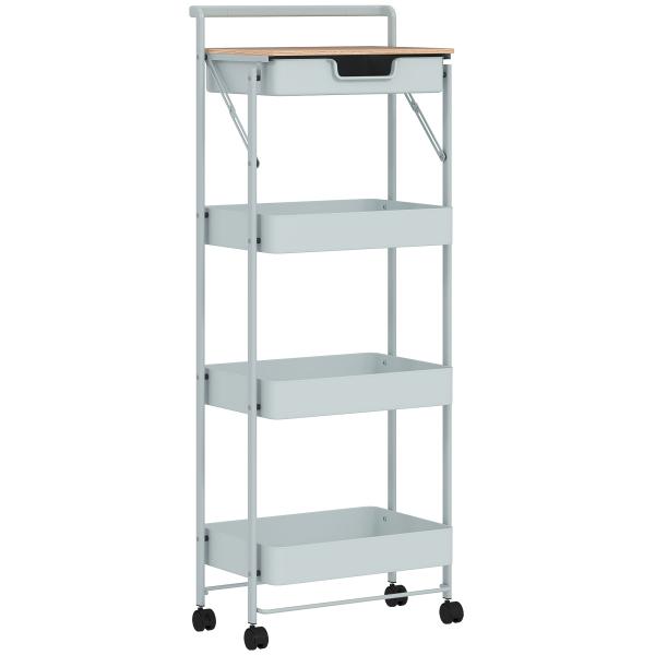 Carrinho Auxiliar com Rodas de 4 Níveis Carrinho de Cozinha com 1 Gaveta e 3 Cestos Carrinho Organizador 45x29,5x117,5 cm Verde