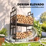 Suporte para Lenha de Ferro Forjado de 2 Níveis com 4 Ferramentas para Interior e Exterior 51,5x33x77 cm Preto e Dourado