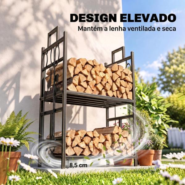 Suporte para Lenha de Ferro Forjado de 2 Níveis com 4 Ferramentas para Interior e Exterior 51,5x33x77 cm Preto e Dourado